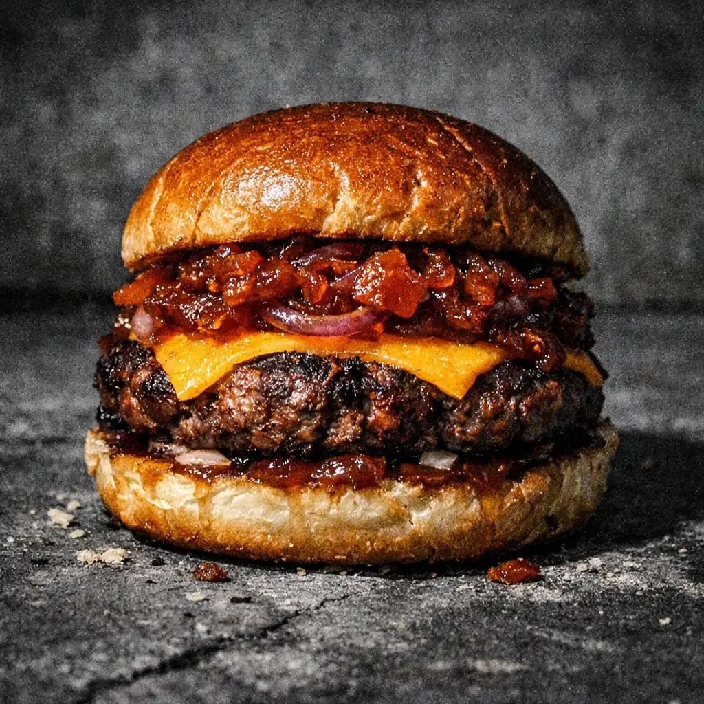 Betonburger füstölt marhahússal, cheddarral és lilahagyma-lekvárral