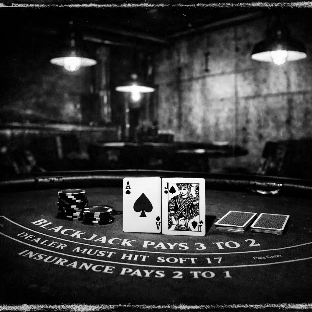 Blackjack asztal egy underground lounge-ban, éles vakuval megvilágítva, mély árnyékokkal és betonfallal a háttérben.