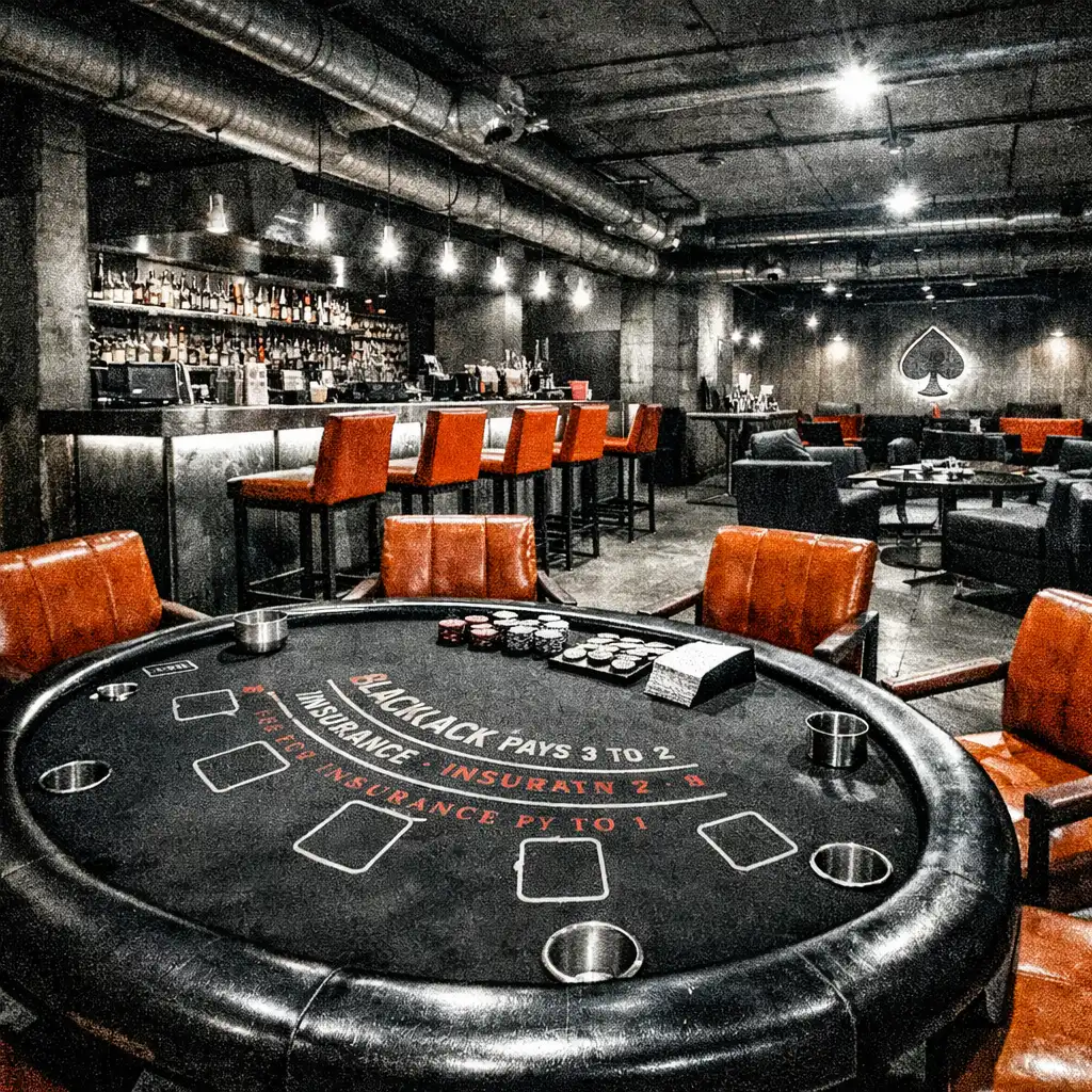 Széles látószögű fotó a blackjack lounge belső teréről, betonfalakkal, fém bútorokkal és a kártyaasztallal, éles vaku-szerű világítással.