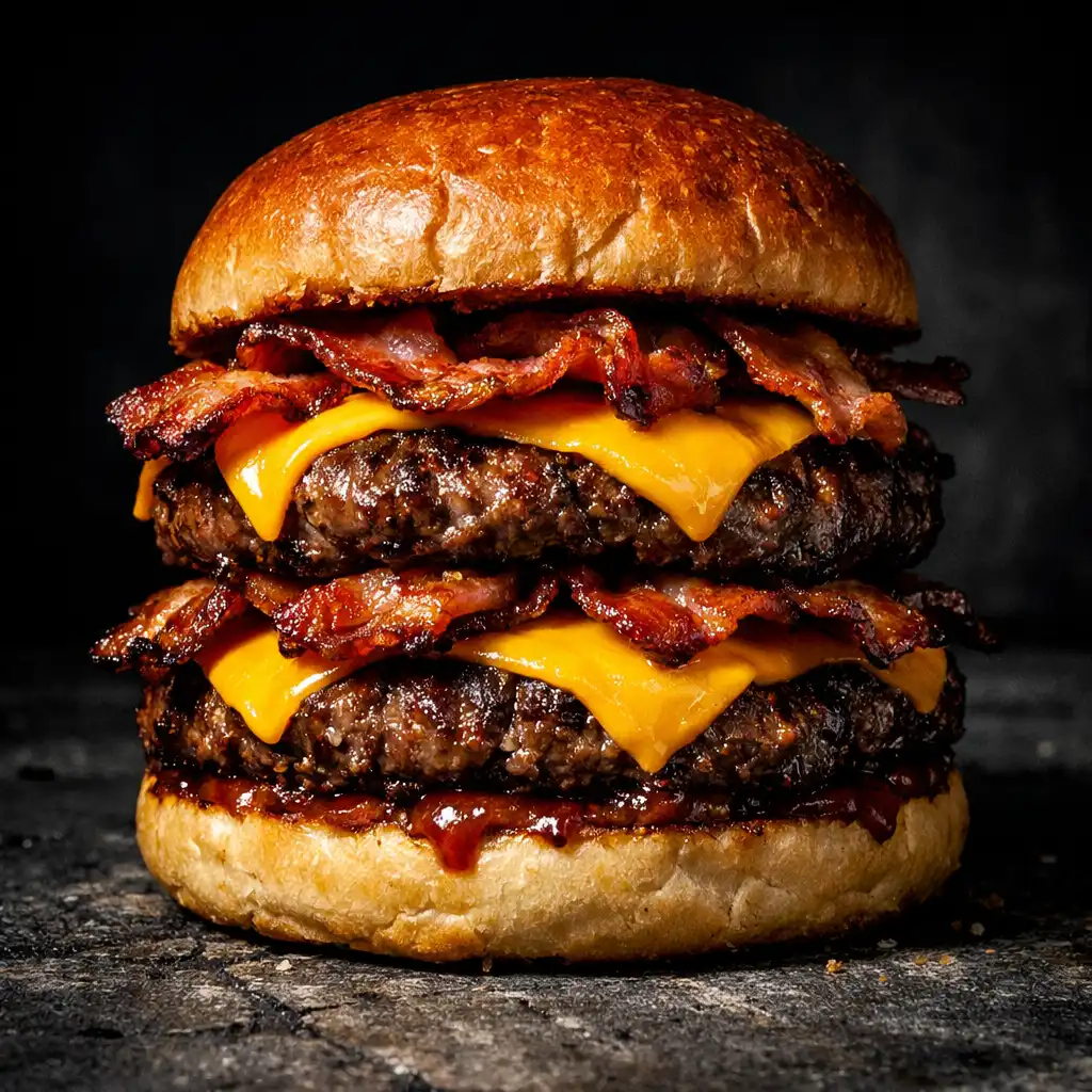 Betonburger dupla húspogácsával, cheddar sajttal és füstölt szalonnával
